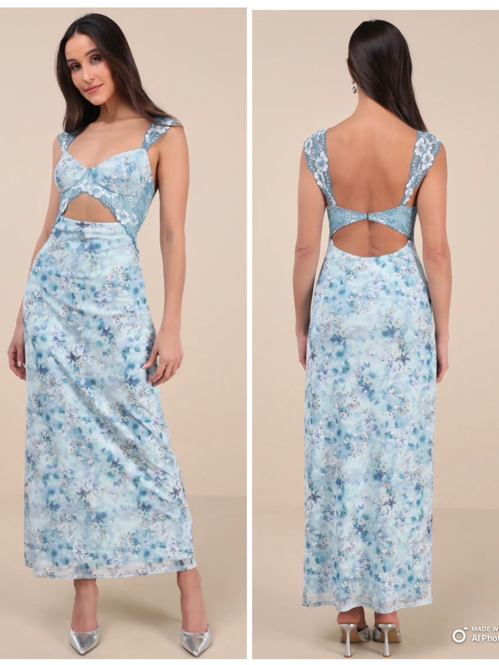 Lulus Medium Endlessly Cute Blue Floral Mesh Cutout Lace Bustier Maxi Dress NWT